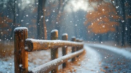 Snowflakes accumulating on a rustic wooden fence in a serene winter countryside