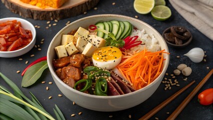 Nutritious Bowl: A meticulously arranged bowl of delicious and colorful food with variety of vegetables, tofu, meat, and rice, promising a healthy and satisfying meal. 