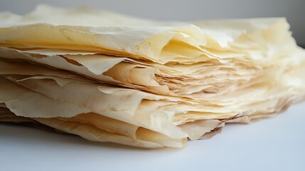 Stack of phyllo dough on a white surface