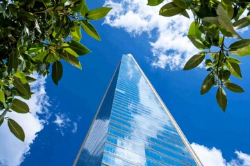 A sleek, high-rise residential building with a glass exterior, rooftop amenities, and a modern design