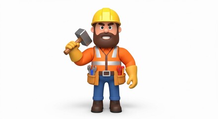 A 3D-rendered cartoon-style construction worker with a beard, wearing a yellow hard hat, orange safety vest, and tool belt, holding a hammer in one hand, ready for work.