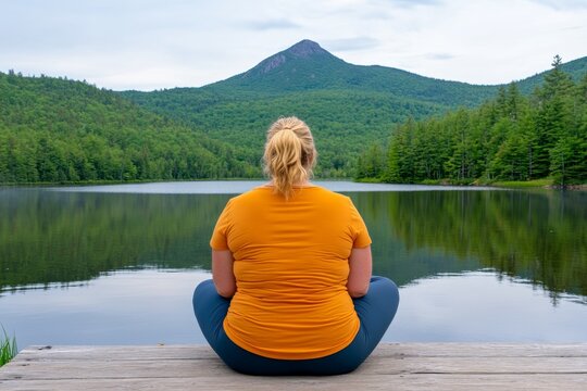 A single person meditates in solitude on a dock, looking out at a misty lake enveloped by mountains and forests at twilight, promoting peace and mindfulness