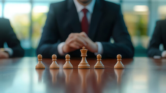 Strategic business planning with chess pieces on boardroom table
