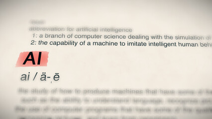 The word "AI" in a dictionary, showing its definition and meaning