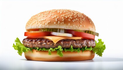 Juicy hamburger featuring sesame seed bun, fresh lettuce, onions, tomatoes, and a flavorful beef patty. isolated on a white background.