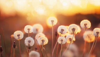 dreamy dandelions blowball flowers against sunset pastel golden toned macro with soft focus delicate airy elegant artistic image of spring nature greeting card background