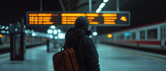 At a dimly lit platform, a traveler in winter attire waits under the glow of station lights, bag slung over the shoulder, imbued with purpose and anticipation.