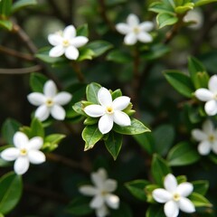 Naklejka premium Dainty jasmine blooms amidst dense foliage and stems, jasmine, nature, flowers