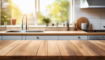 wood table top on blur kitchen window background