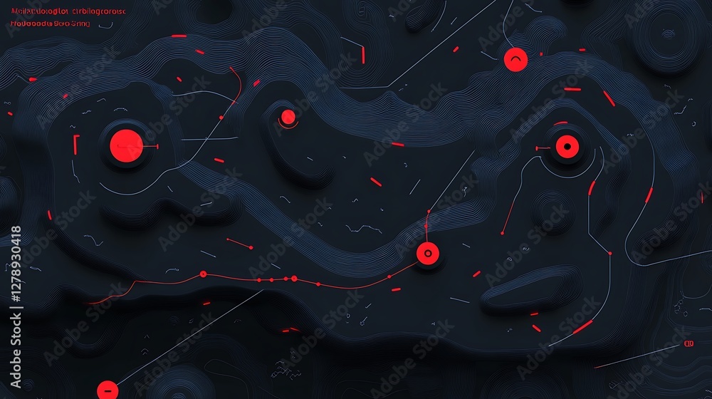 Poster dark blue topographic map with red illuminated dots and lines