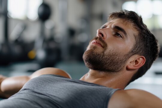 A young muscle-bound man showcases a moment of focus and determination, resting in a gym setting and illustrating the mental aspects of a fitness regime.