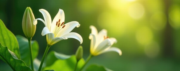 Fototapeta premium Delicate lily flowers sway gently in the soft morning light, green, petals