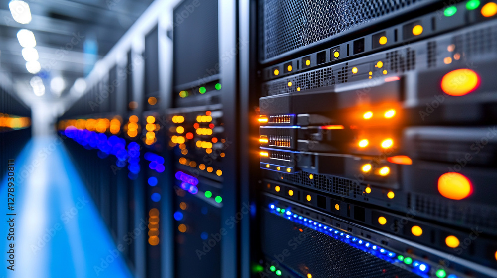 Poster high-tech data center with rows of servers illuminated by vibrant led lights