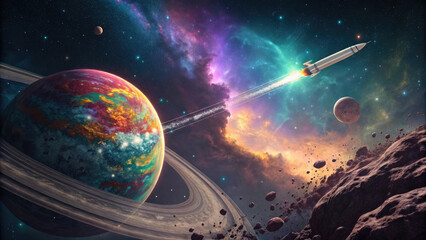 Rocket blasting off towards a colorful planet and swirling nebula representing exploration and adventure in the cosmos.