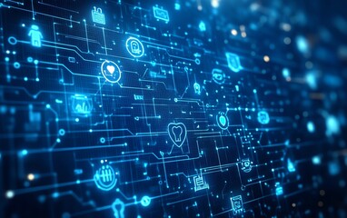 A blue digital background with interconnected medical and technology symbols like heart rate monitors