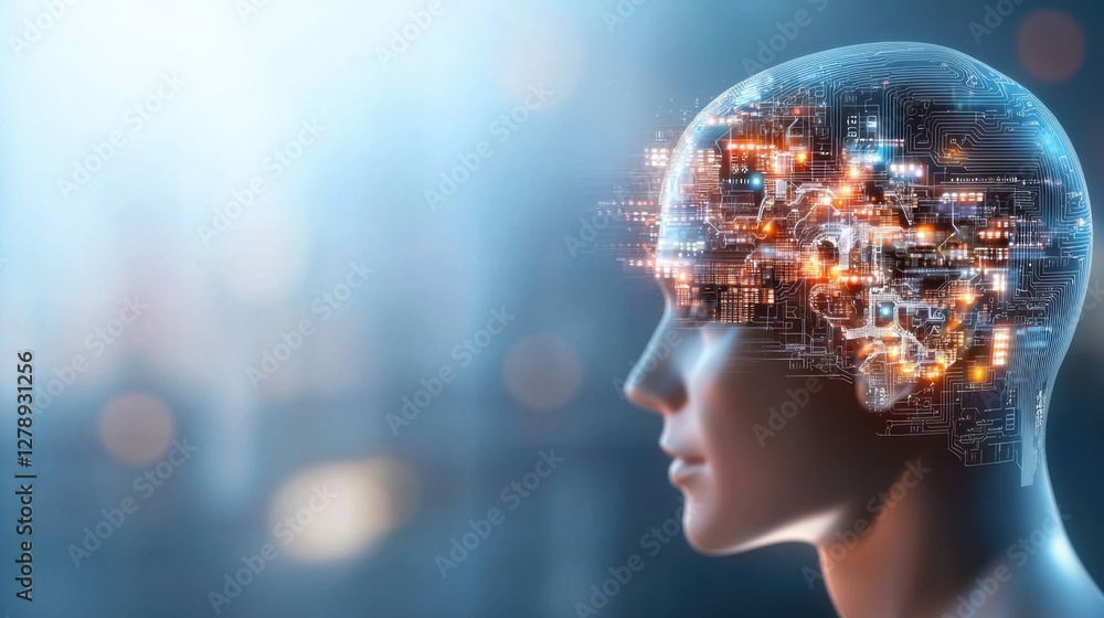 Poster a futuristic human head with intricate digital circuits and geometric patterns, representing the of 