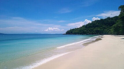 Serene Tropical Beach Paradise: Azure Waters, White Sand, Lush Greenery
