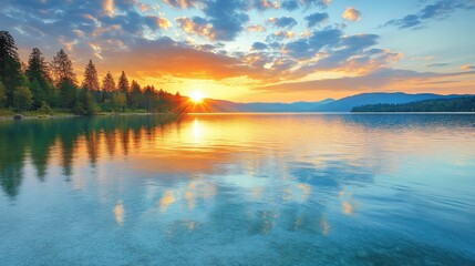 Obraz premium A serene aerial view of a tranquil lake, bathed in the warm hues of a stunning sunset, creating a picturesque and peaceful atmosphere.