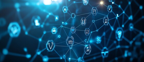 A glowing blue background with interconnected health and technology icons, showcasing the fusion of medical innovation and digital solutions, ultrarealistic, 8K resolution