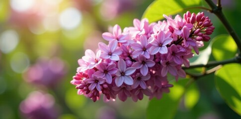 Obraz premium Dense lilac blooms fill the air with sweet fragrance on a sunny branch, greenery, spring flowers