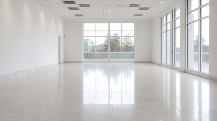 Fototapeta premium Empty modern office space with large windows, city view