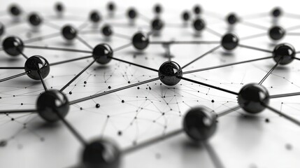 Abstract representation of network connections with interconnected spheres and lines in black