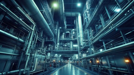 Obraz premium Aerial view of a large industrial structure featuring extensive piping, illuminated fixtures, and a complex layout in an urban setting.