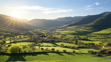 Aerial view showcasing a serene valley with a quaint village nestled in the distance, surrounded by lush greenery and rolling hills.
