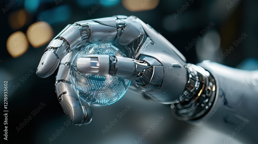 Poster a sleek and advanced robotic hand effortlessly interacting with a captivating holographic display, s