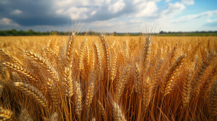 Fototapeta premium Sun shining through tall stalks of wheat in a golden field, with soft shadows stretching across the landscape