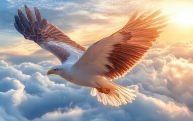 Fototapeta premium A graceful giraffe soars through the sky, wings fully extended, embodying a whimsical blend of nature and fantasy in its vibrant flight.
