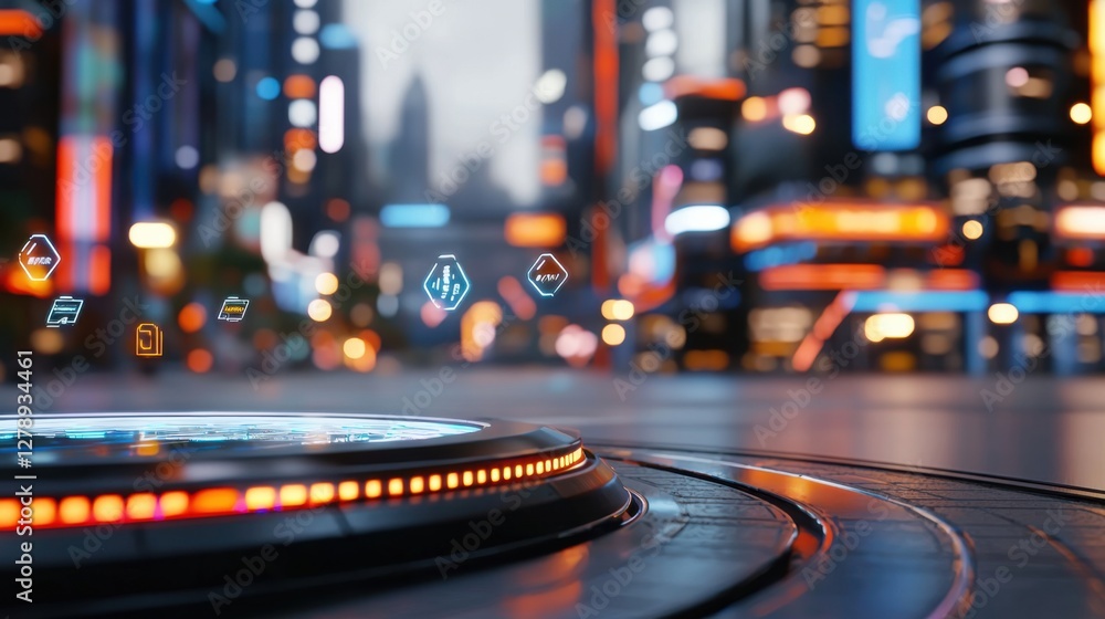 Poster futuristic skill-building interface featuring floating holographic projections and minimalist, moder