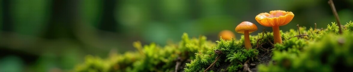Fototapeta premium Forest floor with moss and tiny orange mushrooms, nature, mushroom