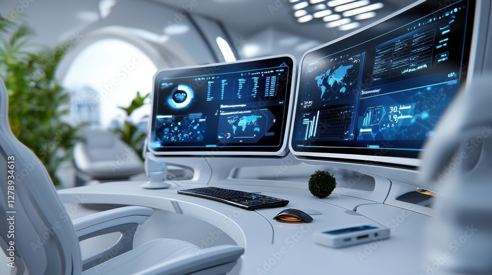 Poster a modern, high-tech workspace featuring holographic screens, digital displays, and cutting-edge tech