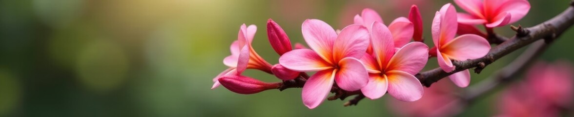 Fragrant pink frangipani flowers blooming on a tree branch, blossoms, flowers