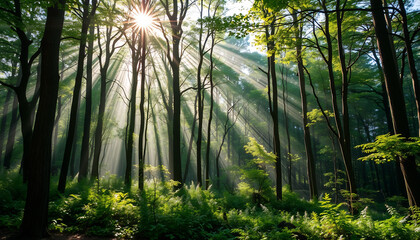 A Tranquil Forest with Sunlight Filtering Through Trees