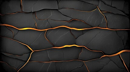 Abstract Background of Dark Cracked Surface with Glowing Golden Lines and Textures