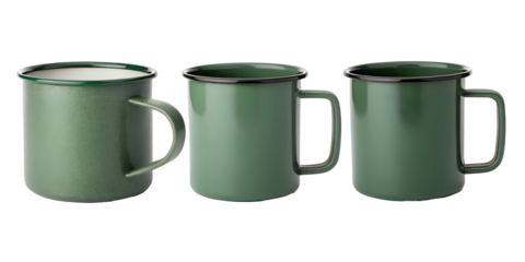 Three Different Matte Green Camping Mugs on Transparent Background, Hiking, Durable Cups