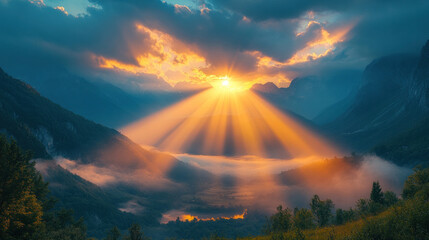 Sunlight breaking through heavy clouds, casting radiant beams onto a mountain valley