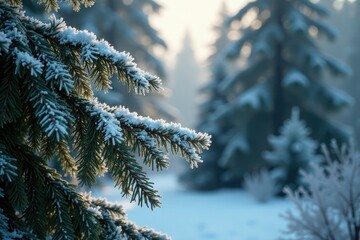 Frosty branches sway gently over dark green foliage, evergreen branches, frozen landscape, evergreen trees