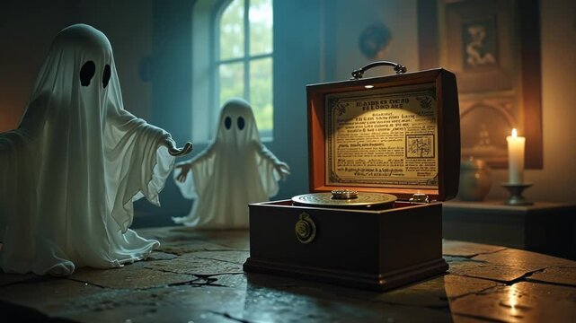Ghostly Whispers: A Haunting Melody of Spirits and Vintage Sounds in a Dimly Lit Room