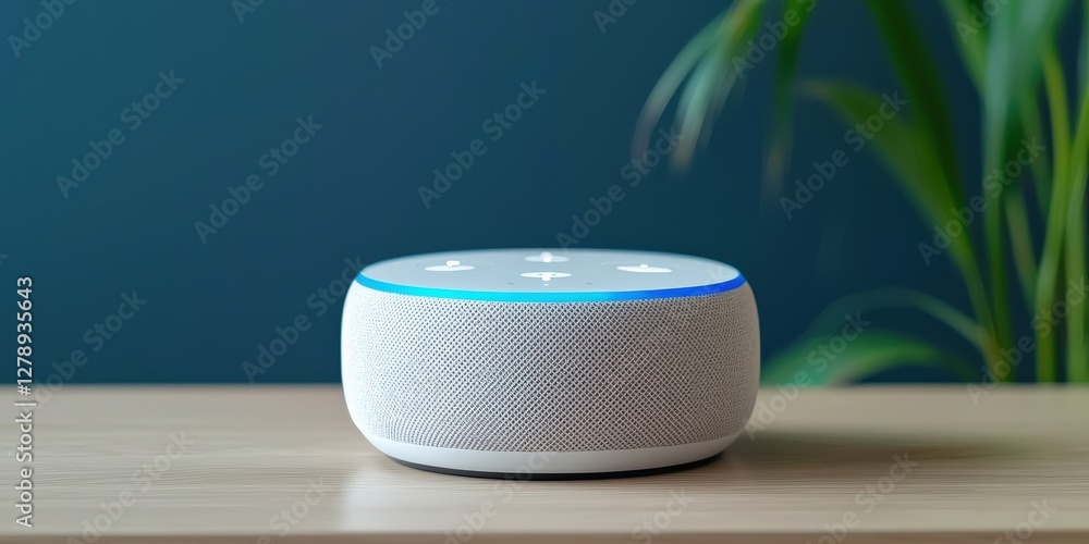 Poster efficiency increase results automation concept. smart speaker on a wooden table with a plant in the 