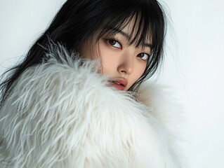 Elegant woman in white fluffy coat in confident pose, beautiful face on pure white background. Studio portraits with soft, bright light and cinematic contrast.