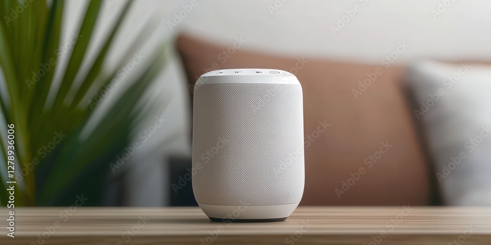 Aufkleber efficiency increase results automation concept. smart speaker on a wooden table with soft background