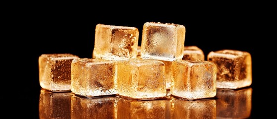 Cold sweet soda with sparkling bubbles condensation thirst-quenching vibrant golden liquid ice cubes floating creating refreshing visual texture energizing color reflections