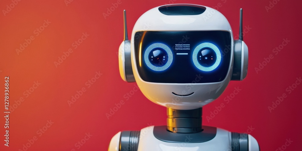 Poster efficiency increase results automation concept. friendly robot with glowing eyes against a vibrant b