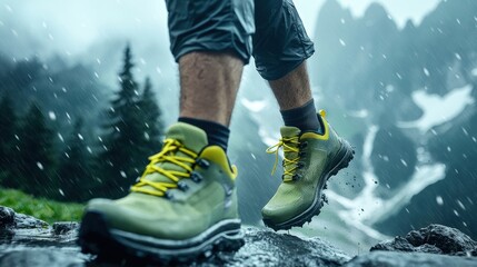 Close-up of hiking boots on a rugged trail in the rain, surrounded by lush greenery and mountains in the background.
