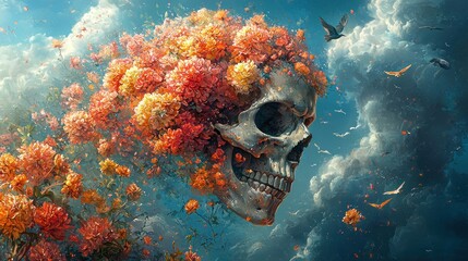 A skull adorned with vibrant orange flowers in a dreamy sky