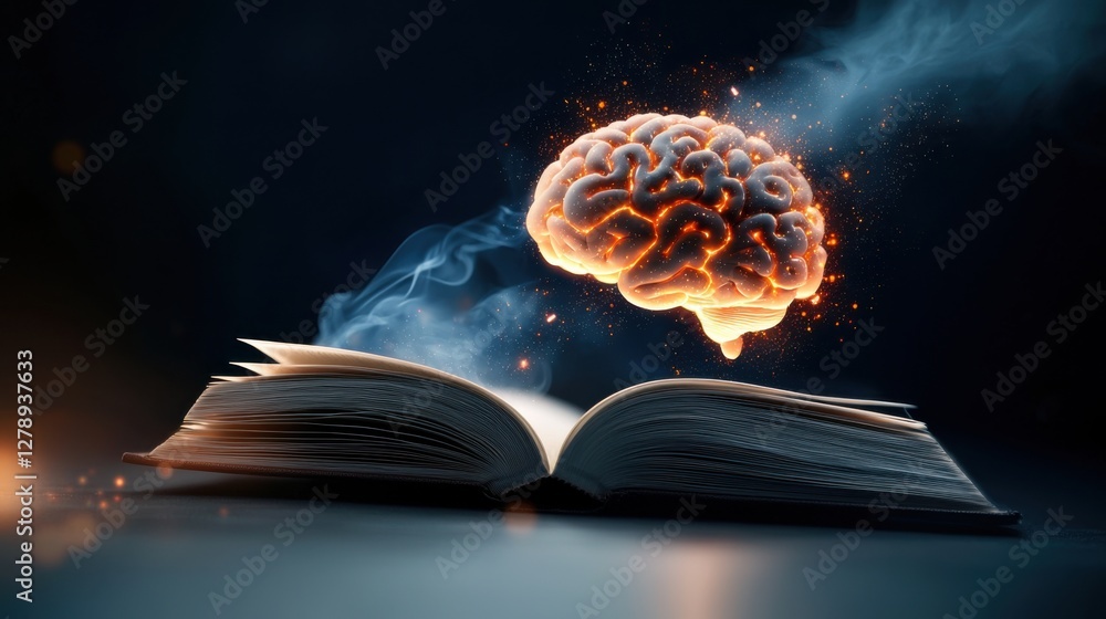 Poster glowing book transforming into digital brain symbol of knowledge and innovation - representing the p