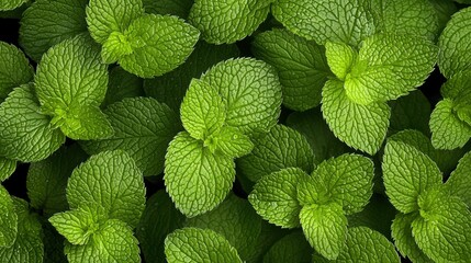 Close-up view of vibrant green mint leaves, showcasing their rich texture and refreshing appearance.